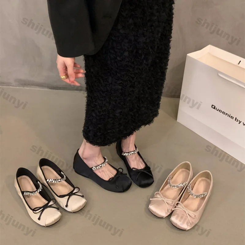 Women's Round Toe Bowknot Ballet Shoes Spring Pink Flats Single Shoe Girls Cozy Slip-on Height Increase Casual Mary Jane Shoes