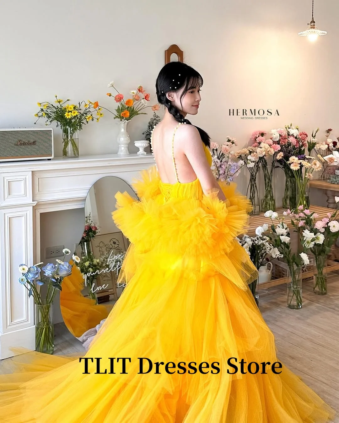 TLIT Princess Bright Yellow Tulle Evening Dresses Tiered Sweetheart Straps Prom Gowns Birthday Formal Party Wedding Photo shoot