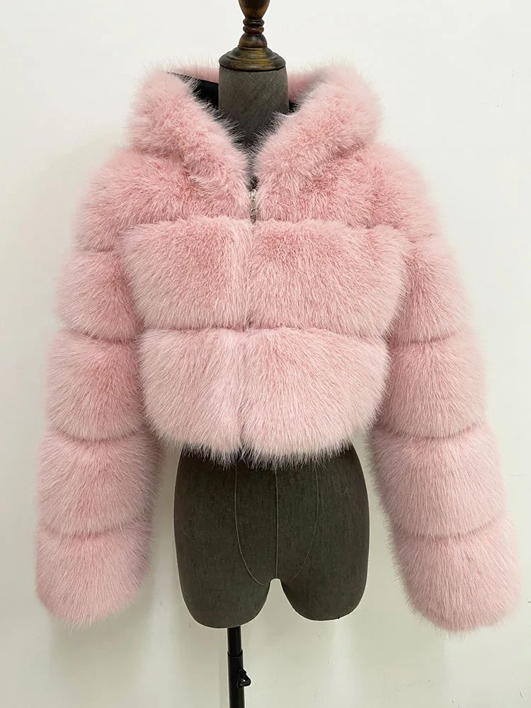 ZADORIN High Quality Furry Cropped Faux Fur Coats and Jackets Women Fluffy Top Coat with Hooded Winter Fur Jacket manteau femme