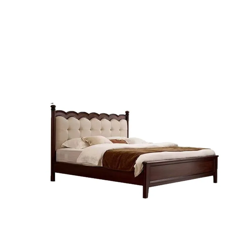 

Кровать из цельного дерева в средневековом стиле, большая кровать в главной спальне в стиле ретро, кожаная мягкая сумка, двуспальная свадьба