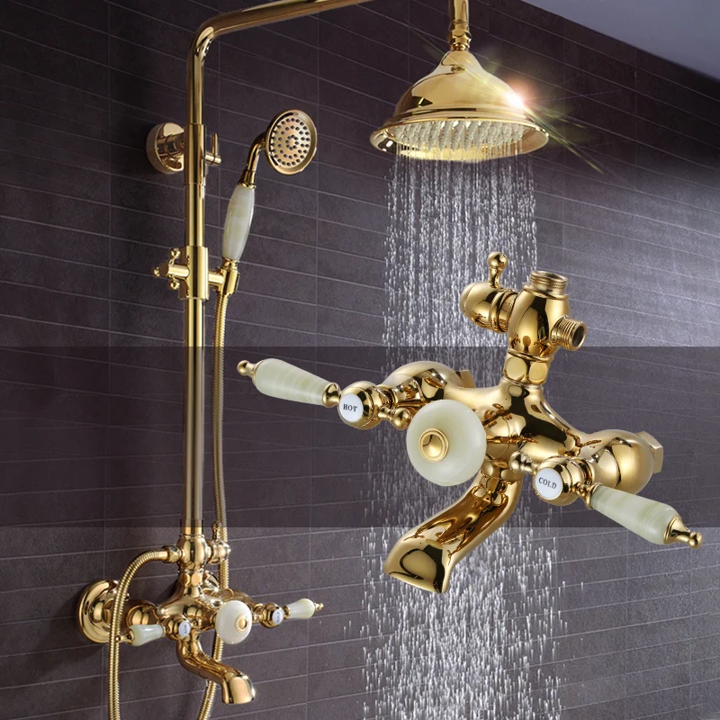 Warm, cold and hot water dual-control wall-mounted lifting rotatable golden jade shower faucet shower set