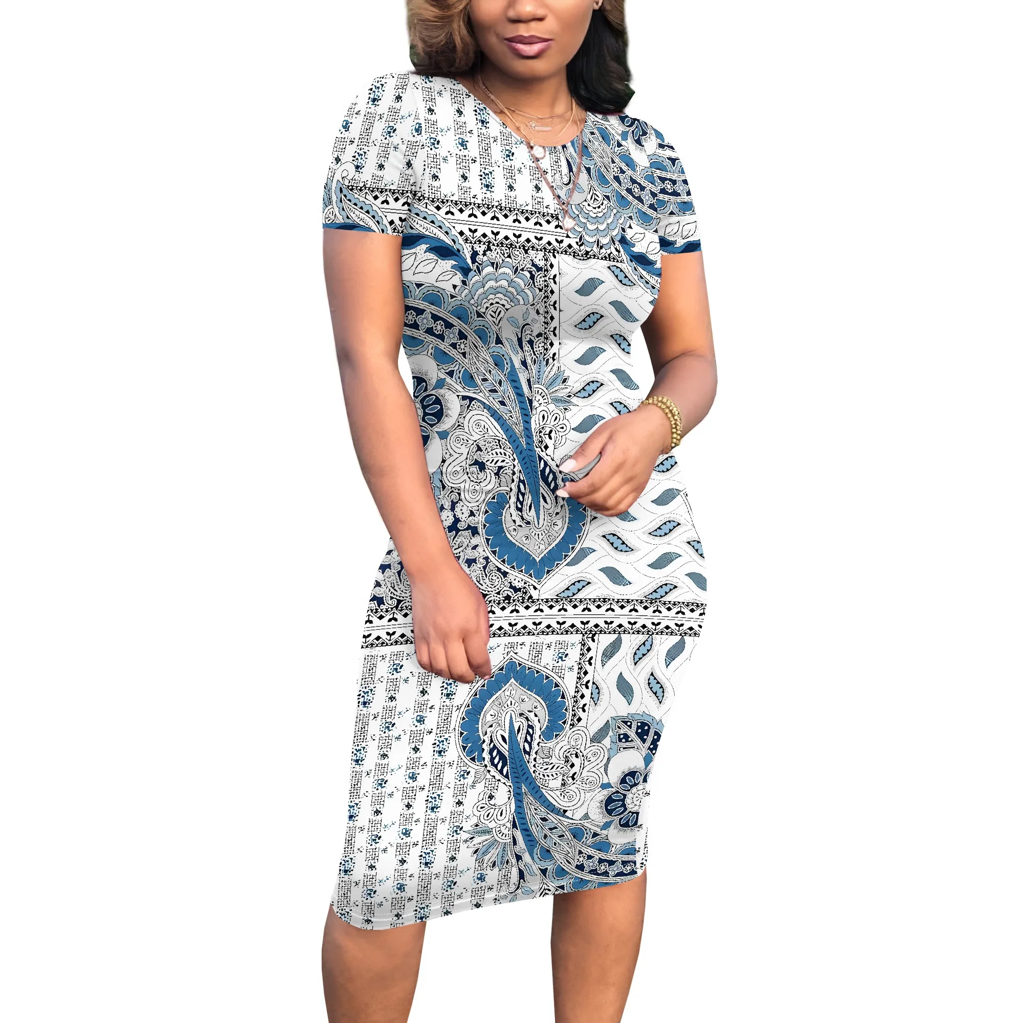 EQQZD Standard Short Sleeve Round Neck Midi Dress, Boho Patchwork Print Bodycon Dress for Women, Summer Casual Dress