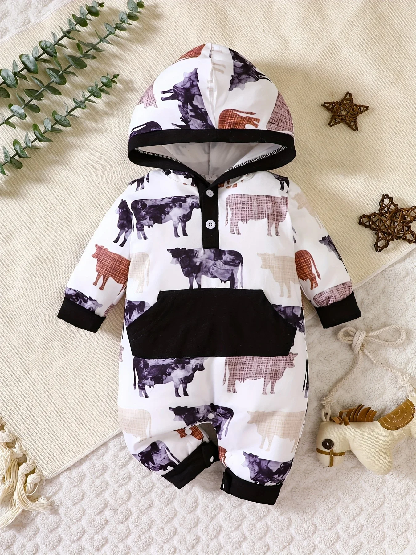 0-2 Year Old Spring and Autumn New Newborn Baby Boys Hooded Full Print Long sleeved jumpsuit