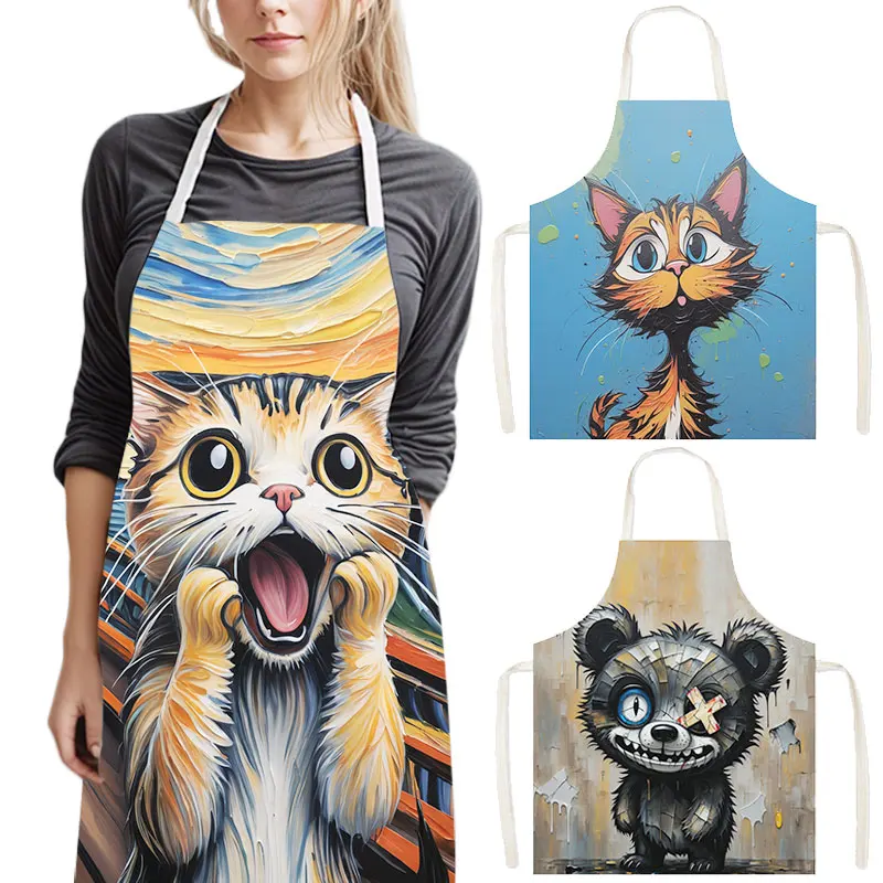 Acrylic Painting Animal Print Kitchen Apron Dogs Cats Monkey Frog Women Men Baking Home Cleaning Clothing Chef Cooking Pinafore