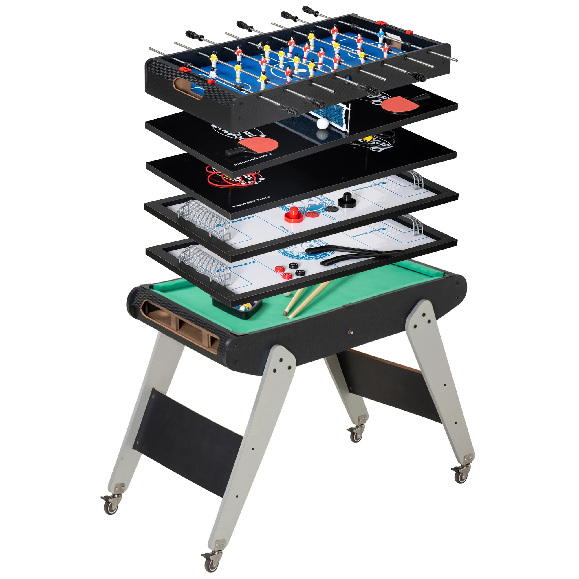 HOMCOM 6 en 1 Mesa Multijuegos para Niños Mesa de Billar Futbolín Ping Pong Aro de Lanzamiento Hockey sobre Hielo Aire Hockey
