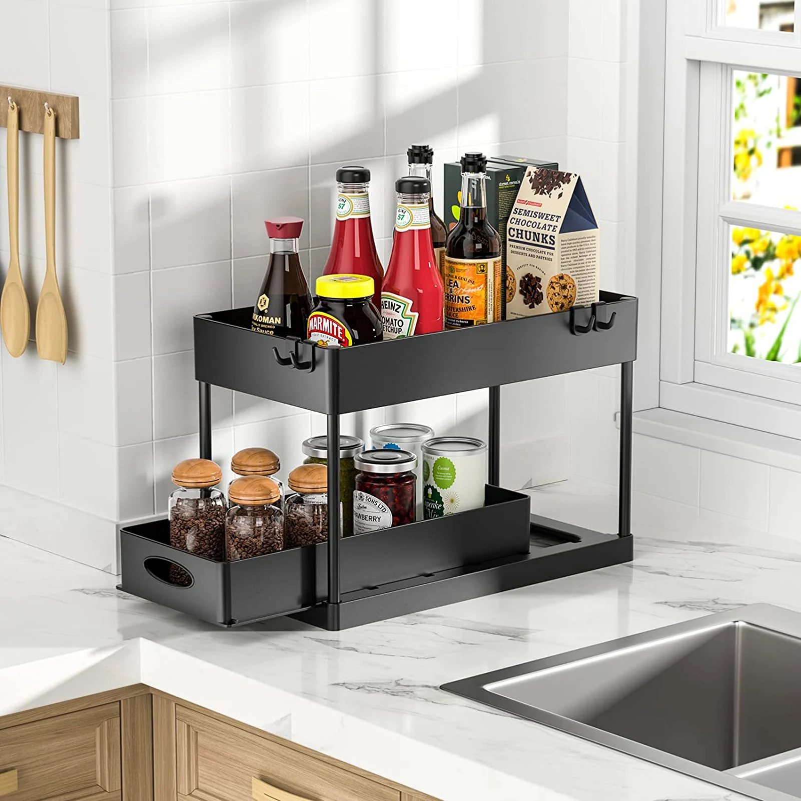 Kitchen Storage Organizer Supplies Under Sink Sliding Drawers Shelves Black Cabinet Basket Rack Bathroom