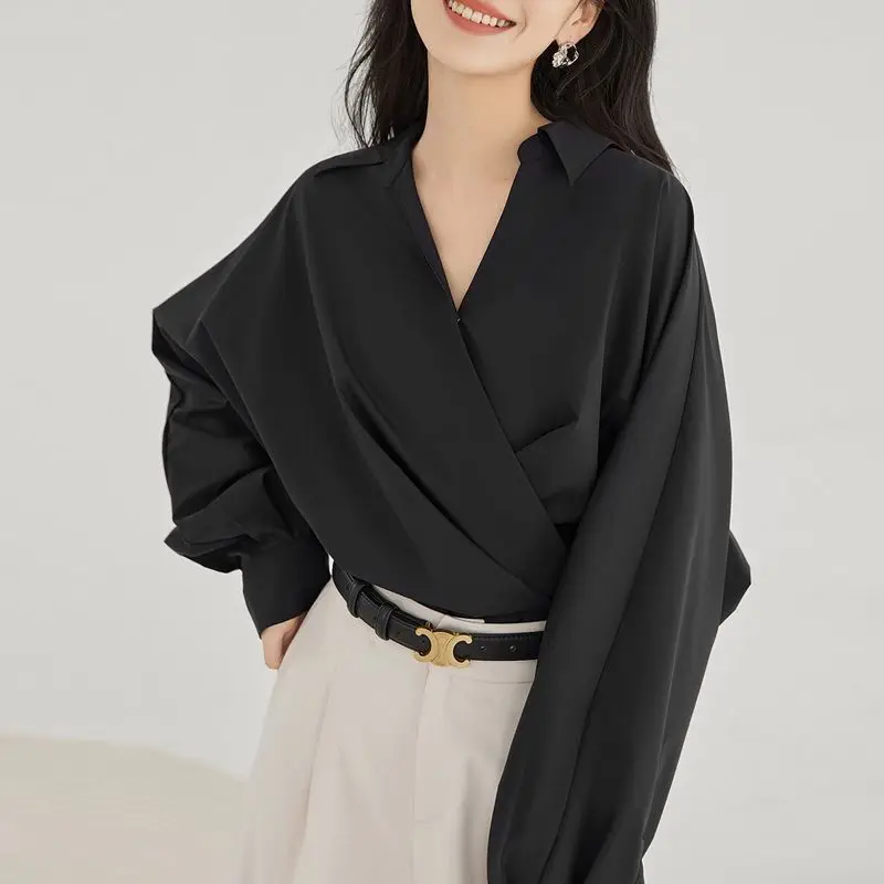Autumn Blouse Women's Shirt French Style V Collar Shirts Female Temperament Chic Commuter Tops Lady Blouses