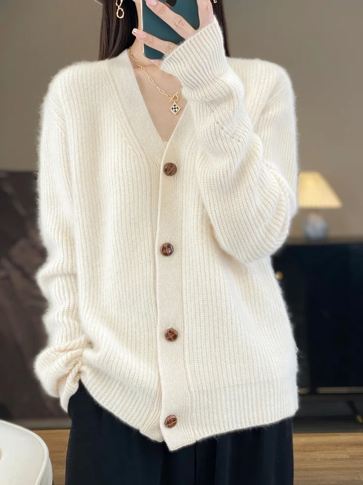 

New Women Cashmere Cardigan 100% Merino Wool Sweater Soft Warm V-Neck Buttoned Knitwear Autumn Winter Casual Jacket Top Clothing