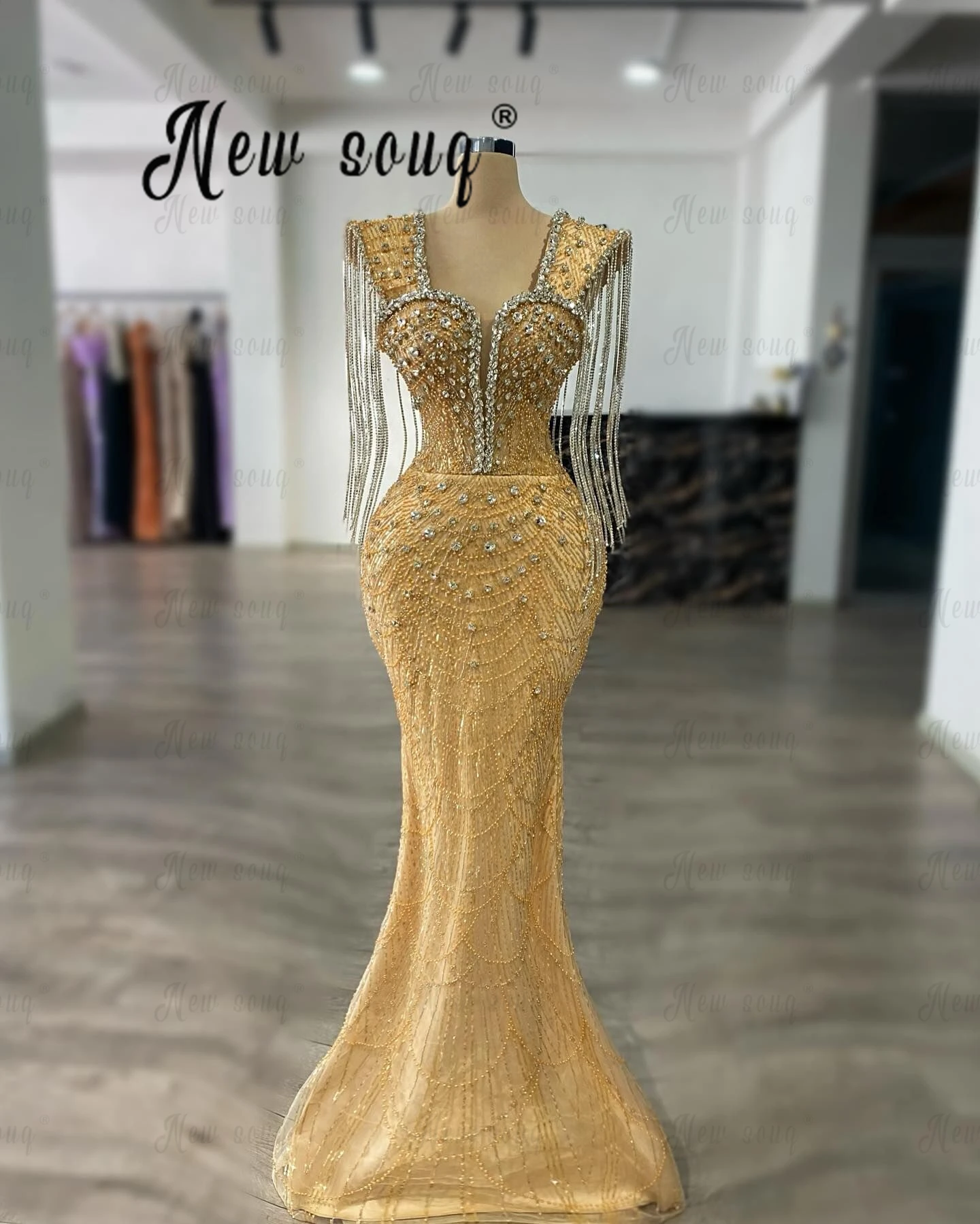 Vestidos de noite com borla, vestido de baile de luxo, Aso Ebi Mermaid Party, segunda recepção, robe de champanhe, 2022