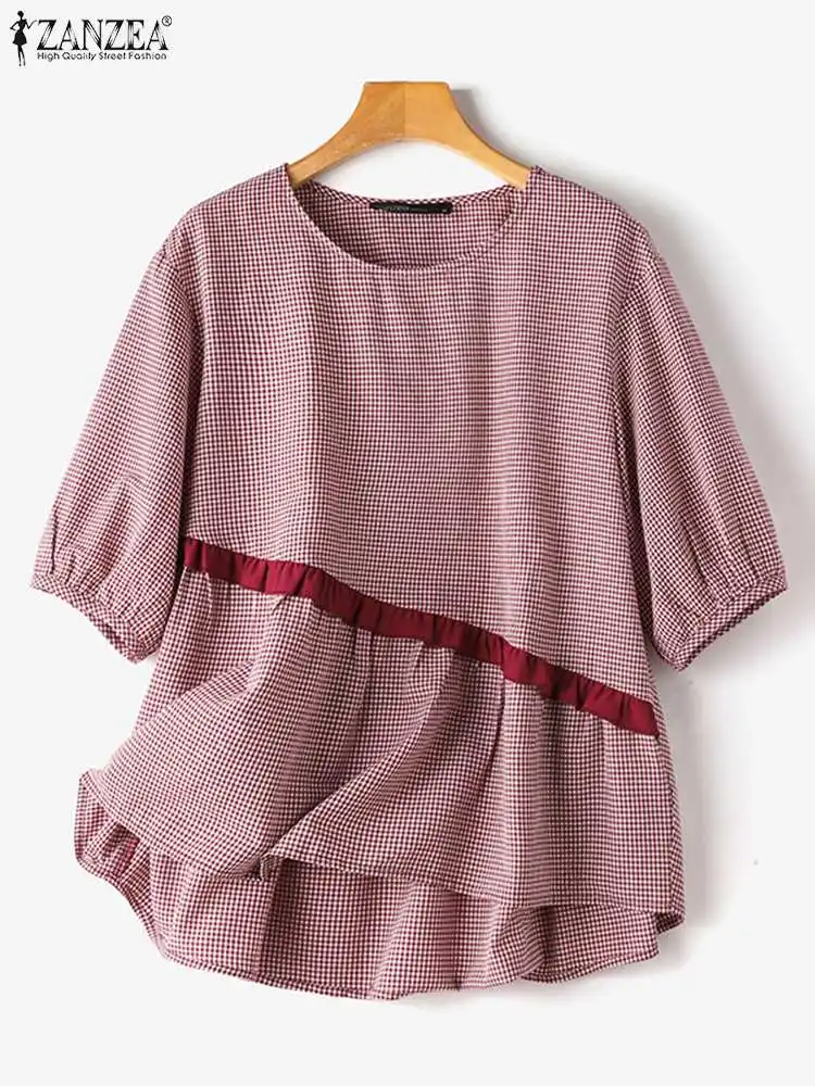 ZANZEA-Blusa xadrez vintage para mulheres, meia manga, camisa casual de trabalho, tops soltos retrô, túnica de festa, verão