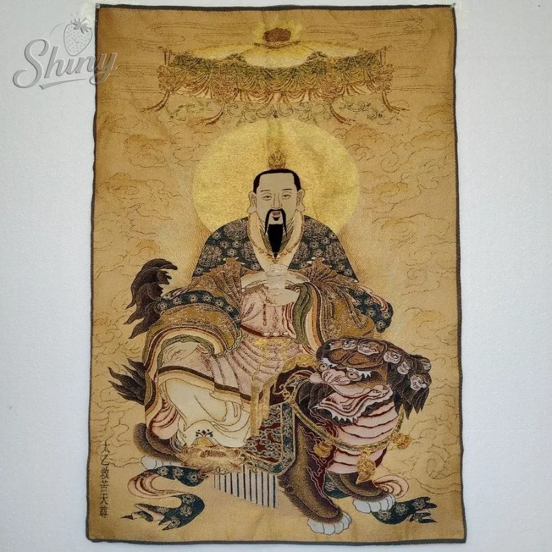 

35.4″ Lord of Heavenly Salvation Brocade Tibetan Tangka Embroidery Painting Gold Thread Embroidery Decorative Hanging Pictures