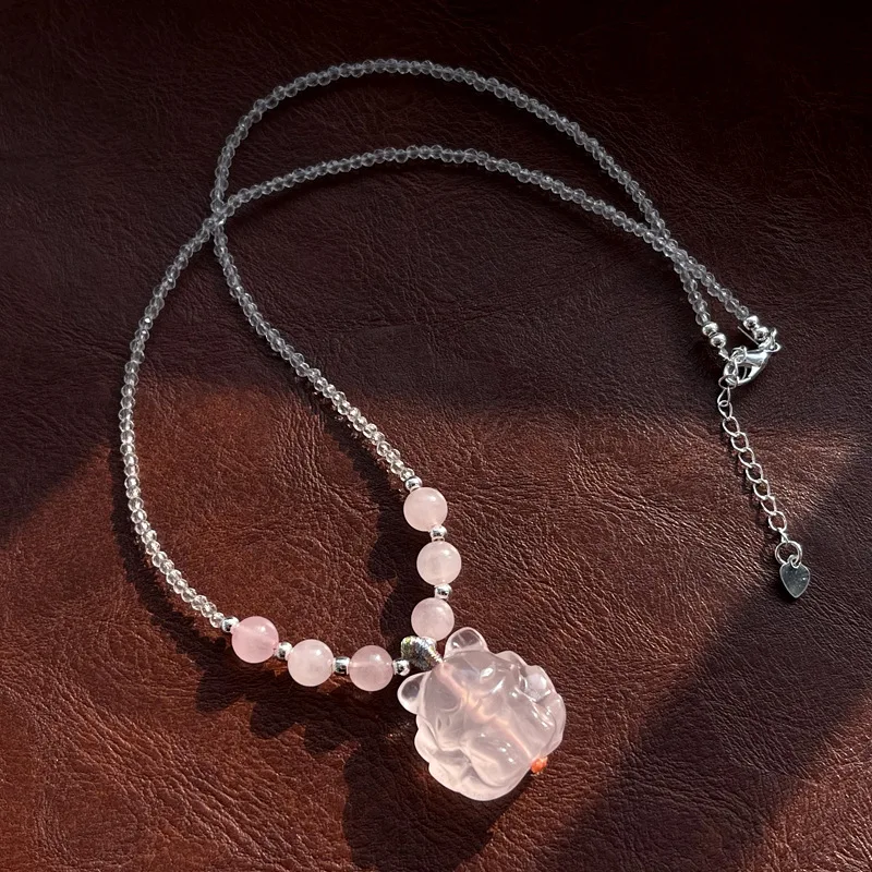 Gorgeous Natural Starlight Rose Quartz Nine-Tailed Fox Pendant Necklace Exquisite, Three-Dimensional of Love and Positive Energy