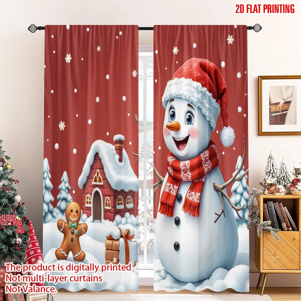 

2pcs 2D flat printing Merry Christmas Popular Window Drapes Snowman Gingerbread House Winter 100% Polyester Without Electricity