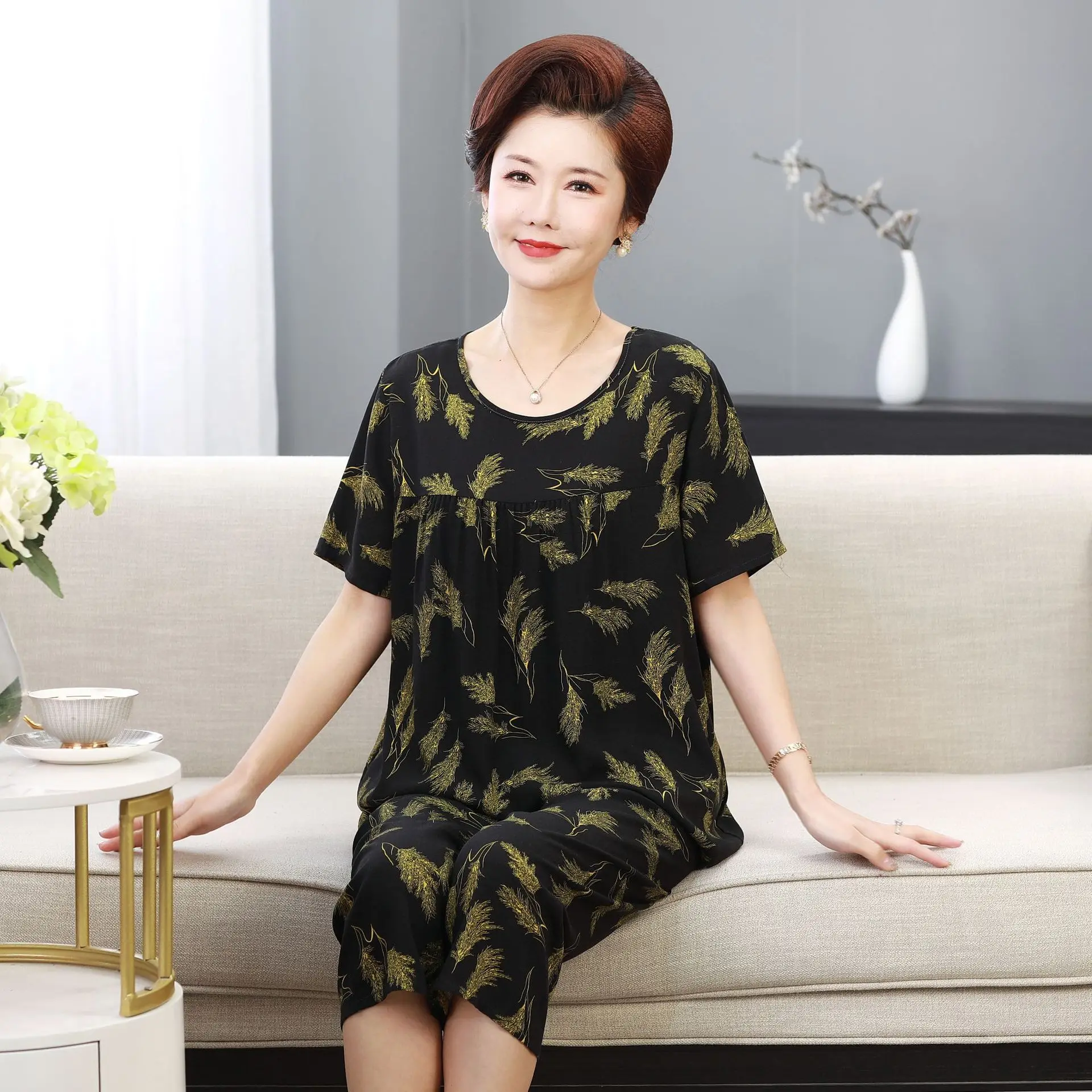 XL-4XL Middle Aged Elderly Mother Clothing Grandma Two-Piece Set Casual Sleepwear Women Short Sleeve Home Wear Pajamas Suit