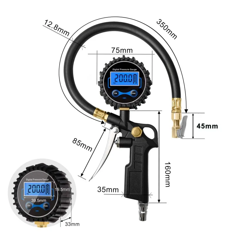 Digital Tire Pressure Gauge, Blue LCD Screen, Aluminum Alloy, High‑Precision Tire Inflator Gun, EU Standard