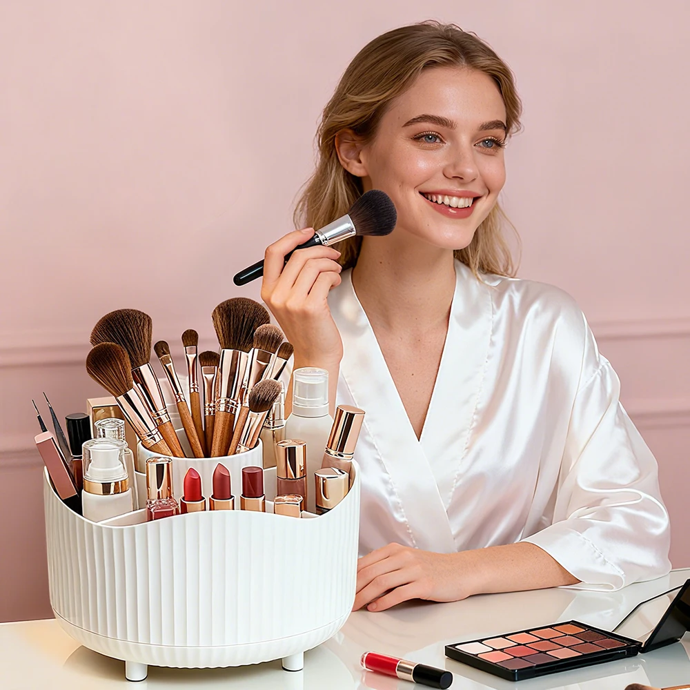 Rotating Makeup Organizer, Dressing Table Storage Box  Cosmetic Display Case with Brush Holder Perfume Tray Jewelry Container