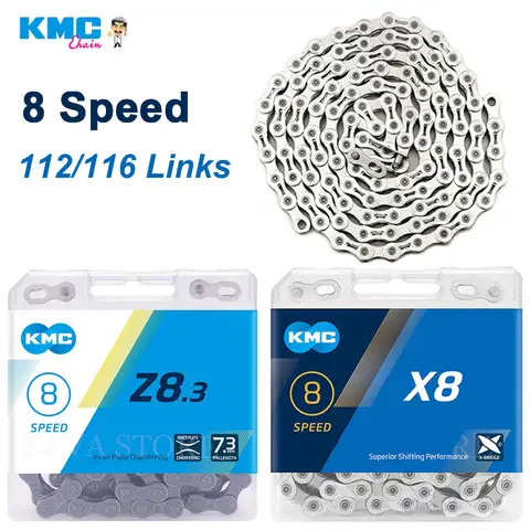 KMC 8 속도 MTB 체인 Z8.3 X8PL X8 8S 산악 자전거 전류 8V 자전거 체인 112 116 링크 도로 자전거 전류 사이클링 부품