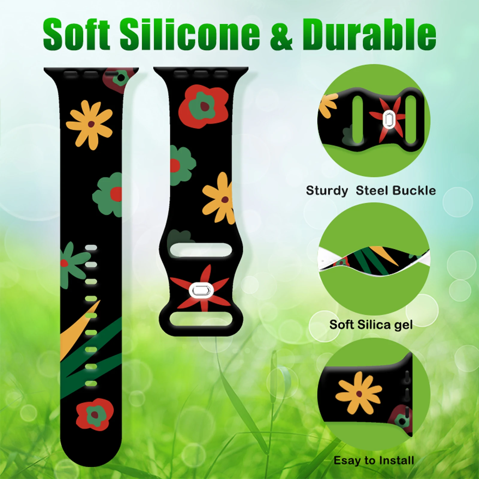 สายซิลิโคนสําหรับ iWatch 10 9 8 7 SE ดอกไม้พิมพ์เปลี่ยนสร้อยข้อมือสําหรับ Apple Watch 44 มม.42 มม.41 มม.40 มม.