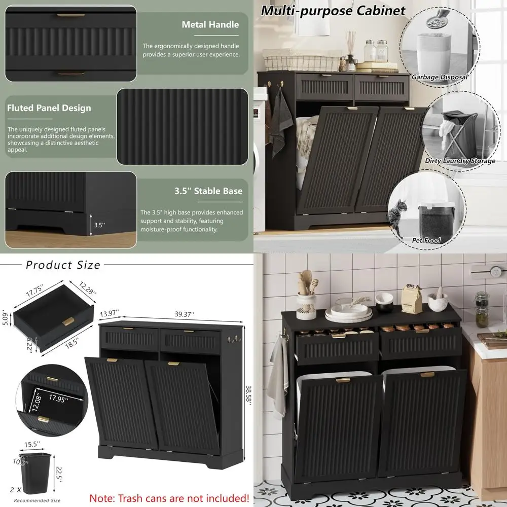 

Double Bin Wooden Trash Cabinet with 2 Drawers, Hidden Hamper, Hooks, Suitable for Kitchen or Living Room, Black