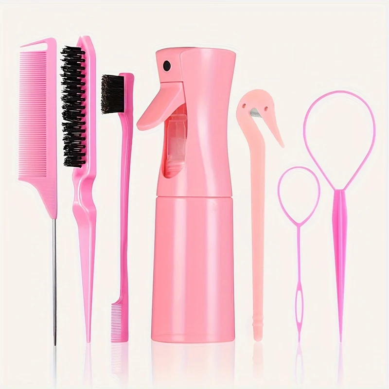 7Pcs Women Hair Styling Set,200ml Spray Bottle,Edge Control Brush,Rat Tail Comb,Hair Knitting Styling Accessories