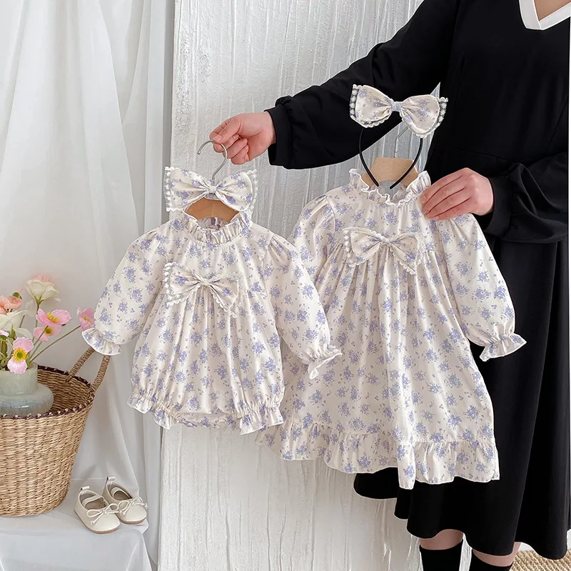 ​​2025 Fall Baby Girl Princess Outfit Long Sleeve Romper Dress + Bow Headband Set Sister Matching Clothes 0-24 Months​