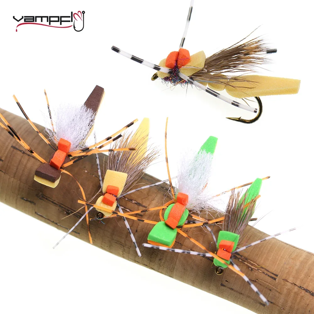 

Vampfly 4pcs/5pcs #8 Foam Grasshopper Trout Flies Deer Hair Rubber Legs Floating Hopper Dry Fly Trout Bass Sunfish Fishing Lures