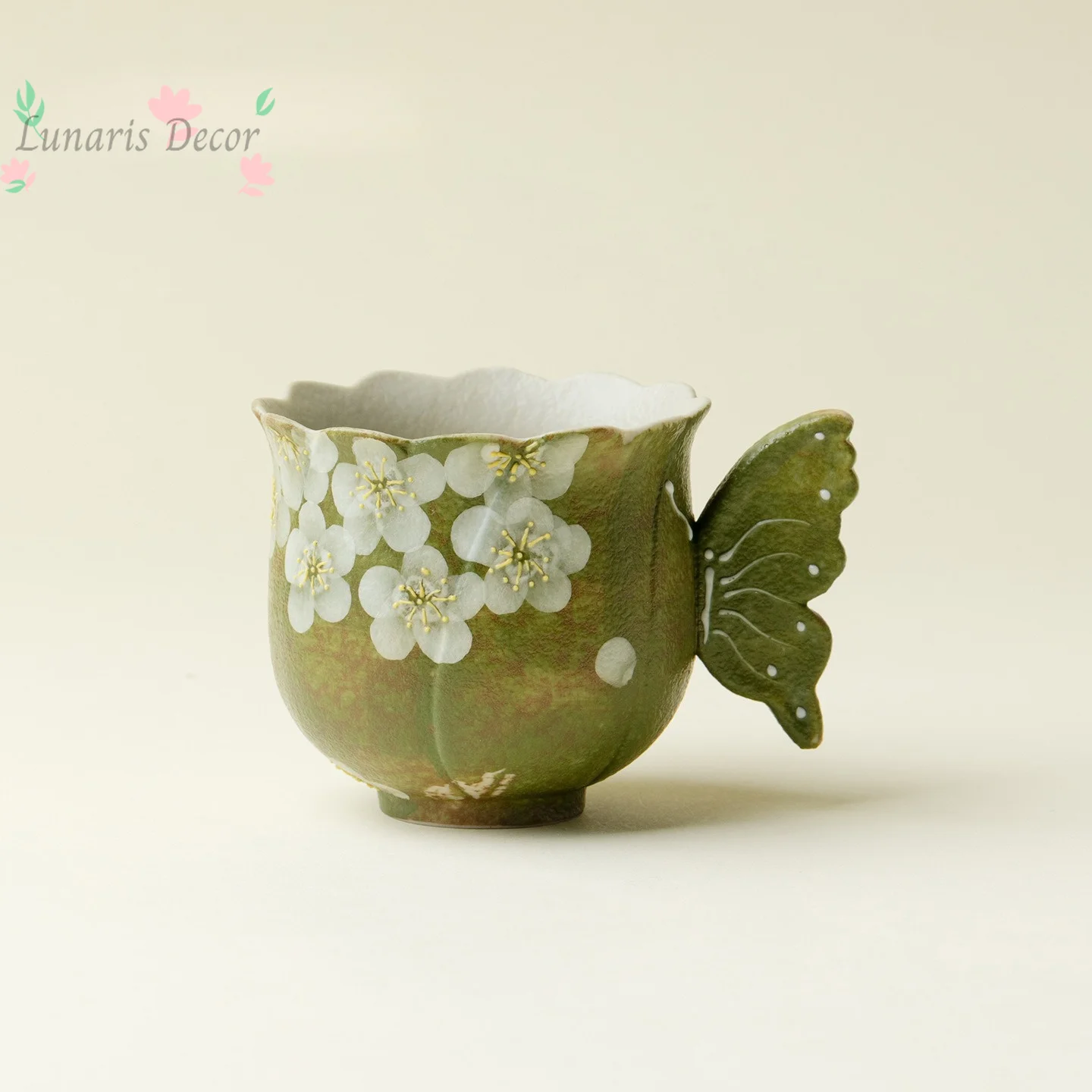 Hand-painted white cherry blossom handle butterfly tea cup exquisite high-looking personal cup single cup