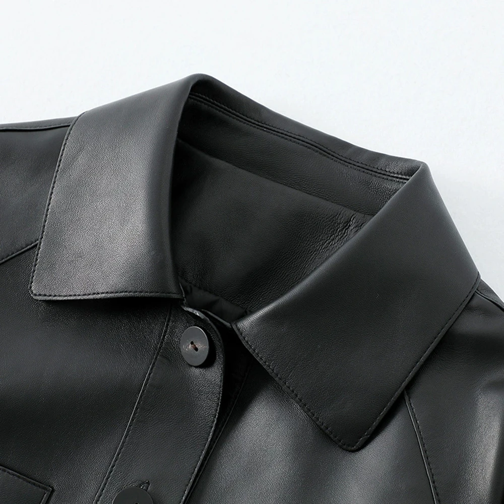 Vestes courtes classiques en cuir véritable pour femmes, manteaux décontractés à grandes poches, simple boutonnage, épaules tombantes, en peau de mouton, nouvelle collection 2025