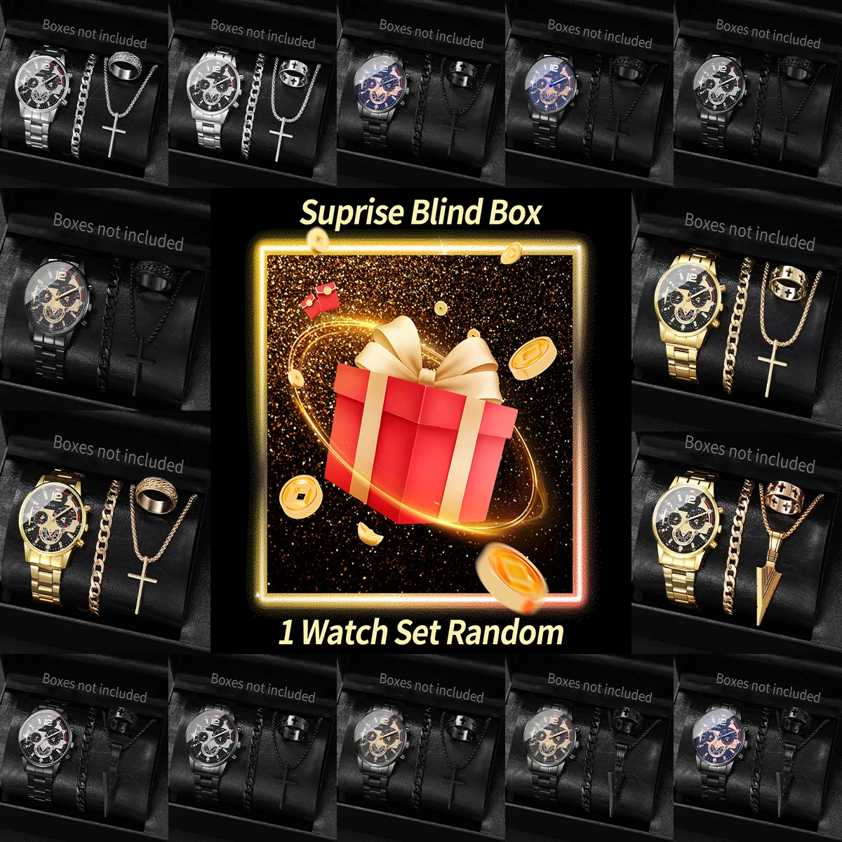 Surprise Watch Mystery Box-Men Business Watches Fashion Arabic Dial Quartz Watch Jewelry Set Reloj Hombre（Without Box）