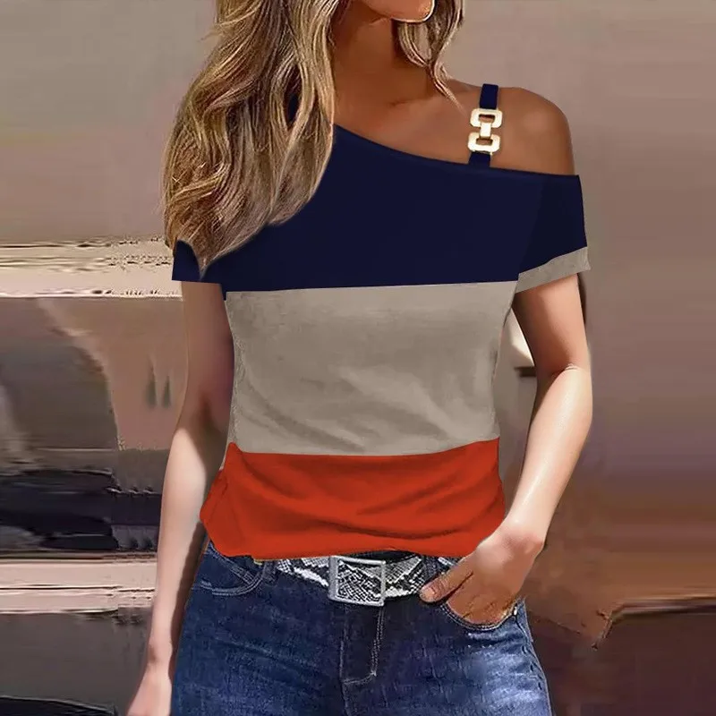 Printed Asymmetrical Top Regular Length Western Style with Slanted Neck Raglan Sleeve Abstract Pattern Spring Women T Shirts