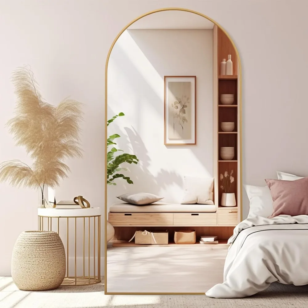 Specchio ad arco a figura intera, specchio da pavimento oversize 71x32 con supporto, specchio dorato a figura intera, specchi da toeletta per tutto il corpo in alluminio