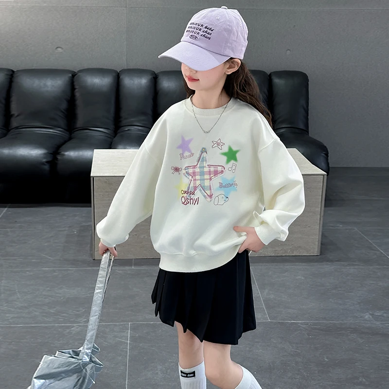 Korean Style Children Girls Sweatshirt Cotton Star Printed Pullovers Loose Casual Teenage Kids Pink Beige Hoodies Outerwear