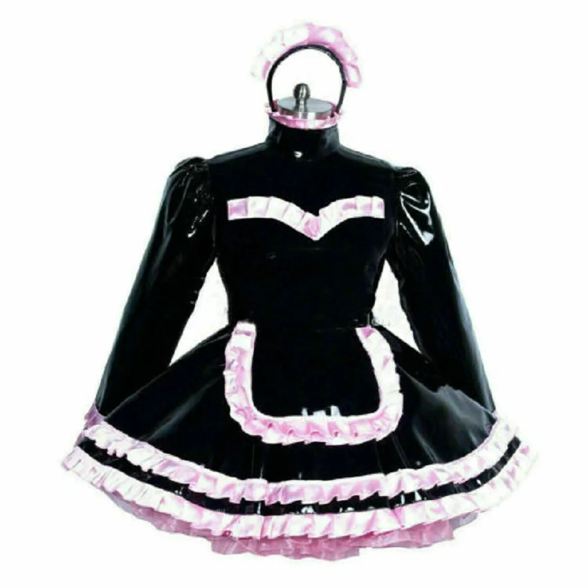 

Sexy Maid Girl Cosplay Gothic Sissy Lockable PVC Material Black Dress Adult Men and Women Custom Dress Party Carnival Suit