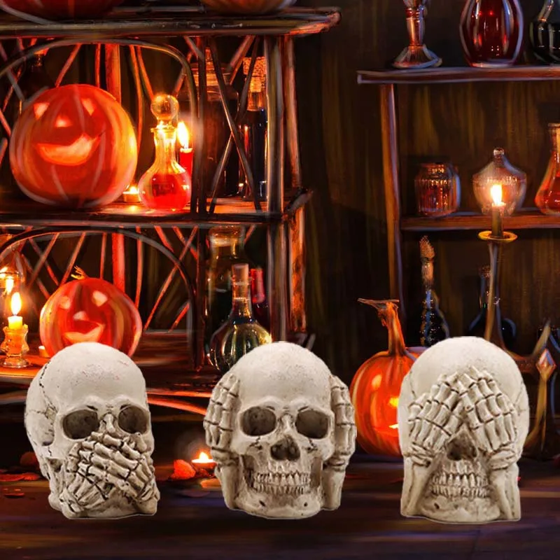 Halloween Glowing Human Skull Head Statue LED Skeleton Lamp Ornament Halloween Party Gothic Props Resin Craft for Home Decor