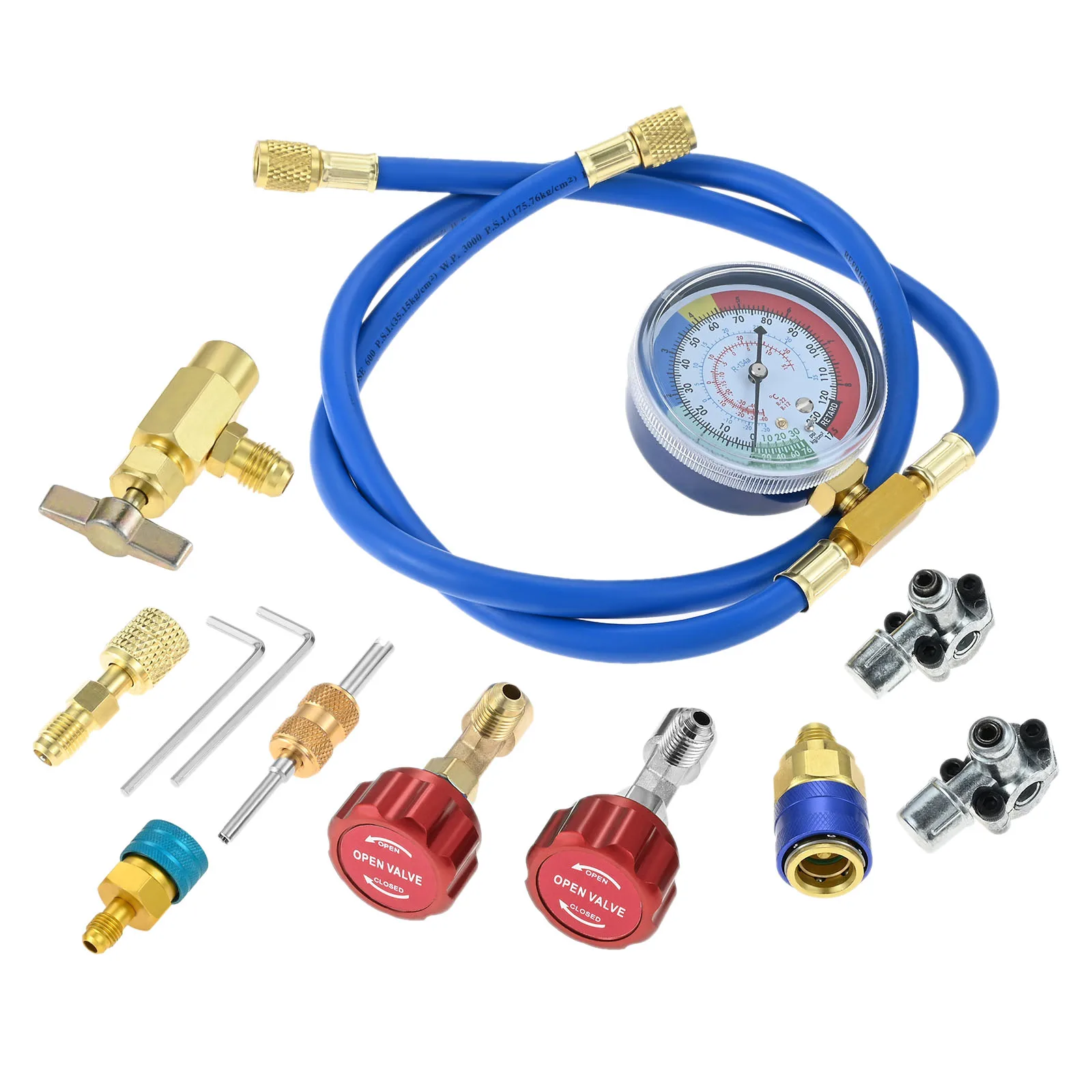 

AC R134A R1234YF Refrigerant Recharge Hose Kit Gauge Set with Bullet Piercing Valve R1234yf Can Taps Low Pressure Quick Couplers