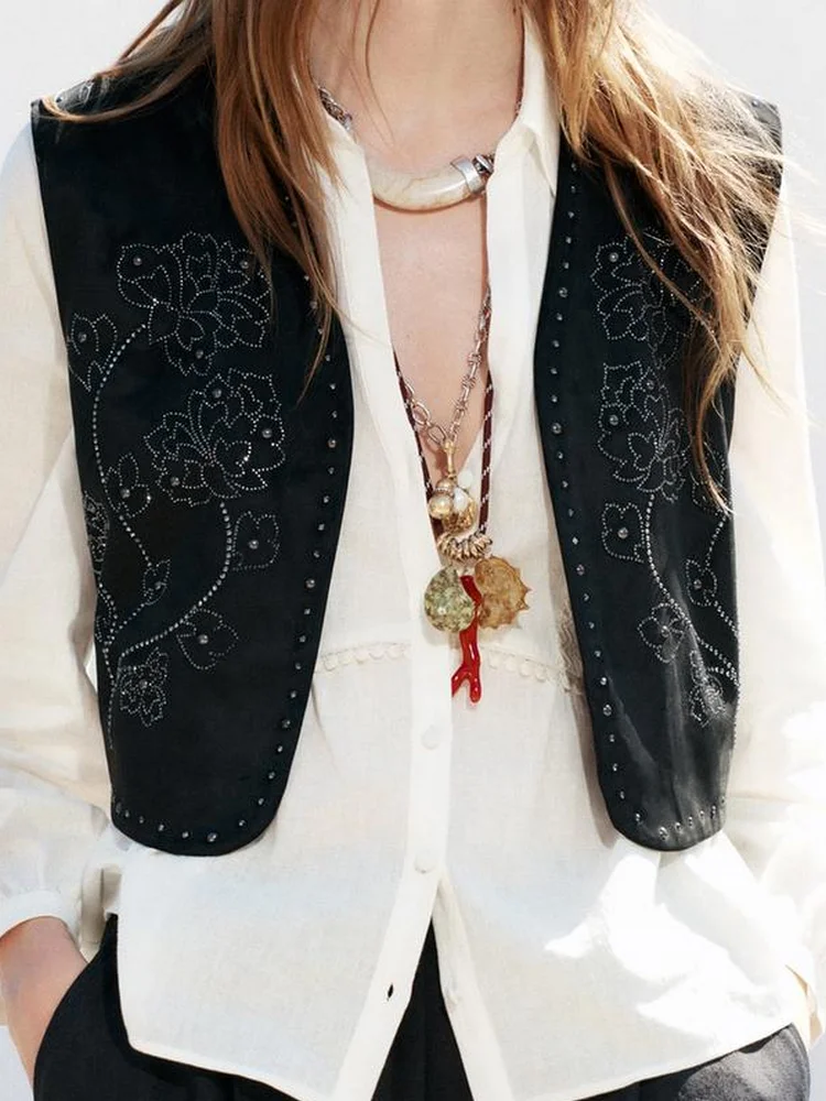 

2025 New Women's Fashion European and American Style Waistcoats Lady Design Bright Decoration Suede Texture Effect Vest Tank Top