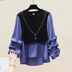 Female Clothing Solid Color Spliced Shirt Casual Fake Two Pieces Spring Autumn Basic Chain Korean Loose Fashion Folds Blouse New