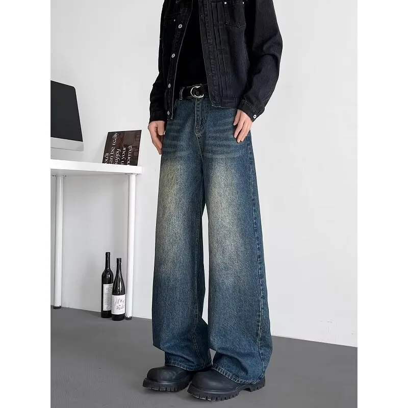 Men Vintage Washed Wide Leg Jeans High Waist Loose Baggy Denim Pants Heavy Drape Lazy American Streetwear Casual Long Trousers