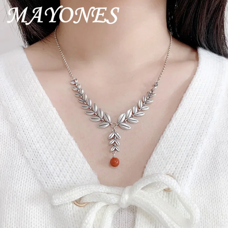 MAYONES Vintage 925 Sterling Silver Barley Necklace For Women Retro Chinese Style Ear Of Wheat Pendent Chain Jewelry Birthday Gi