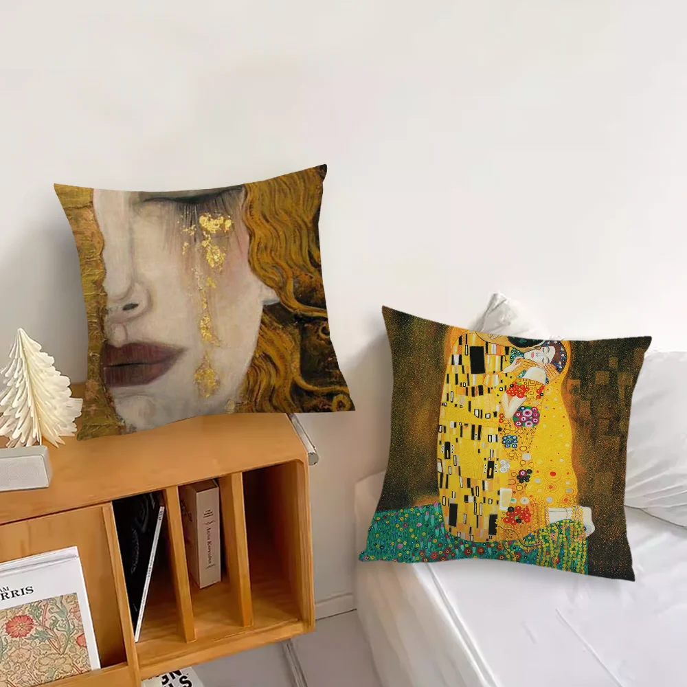 Gustav Klimt Oil Painting Pillow Case For Sofa Bedroom Living Room Office Bedside Table Backrest Cushion Printing Square