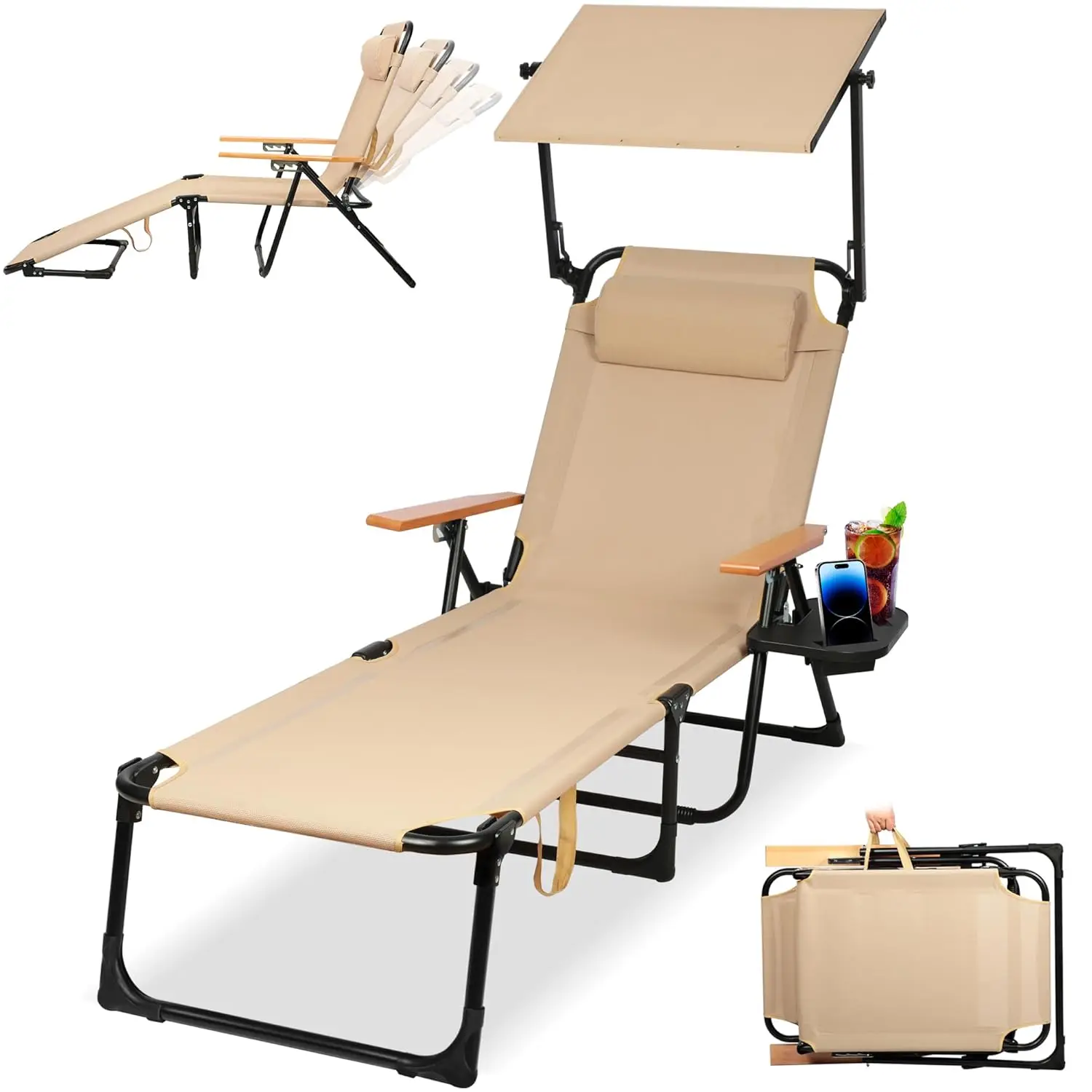 

Beach Lounge Chair, Folding Outdoor Chaise Lounge Chair with Arms, 4-Position Backrest, Extended Sun Tanning Chair, Customized