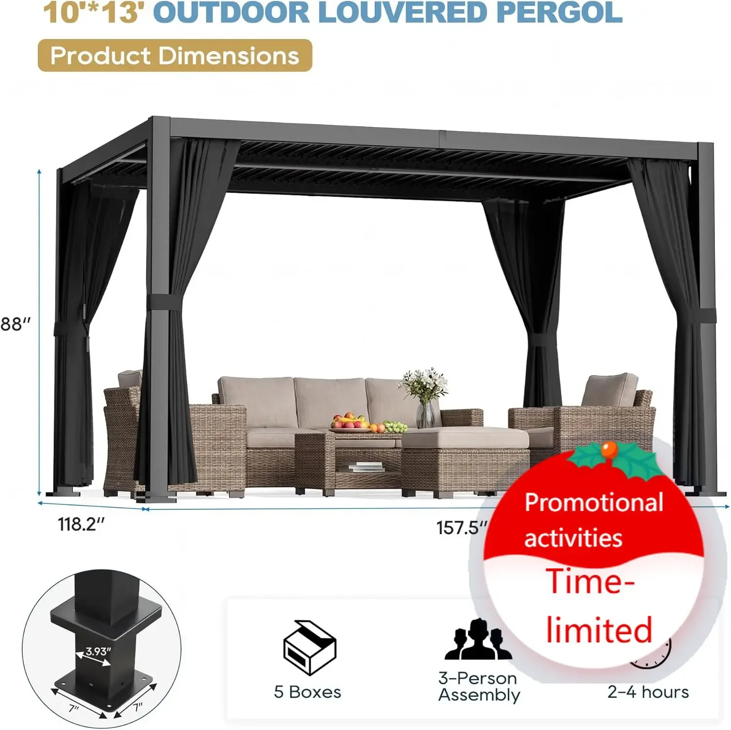 10' ×13' Aluminum Louvered Pergola, Outdoor Pergola with Curtains & Netting, Outdoor Hardtop Gazebo with Adjustable Roof, All-We