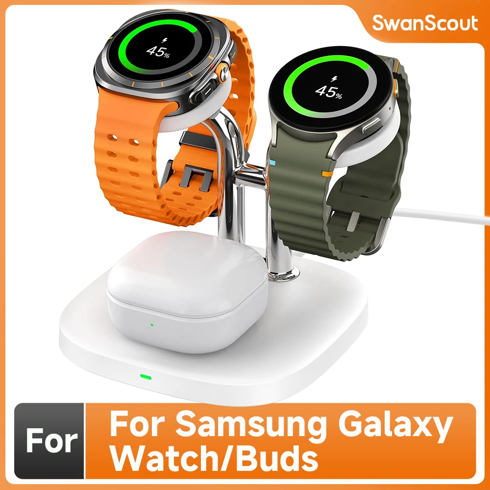 SwanScout 704S Dual Watch Charger for Samsung Watch 7 Wireless Charging Station for Galaxy Watch Ultra 6 for Galaxy Buds 3 pro 2