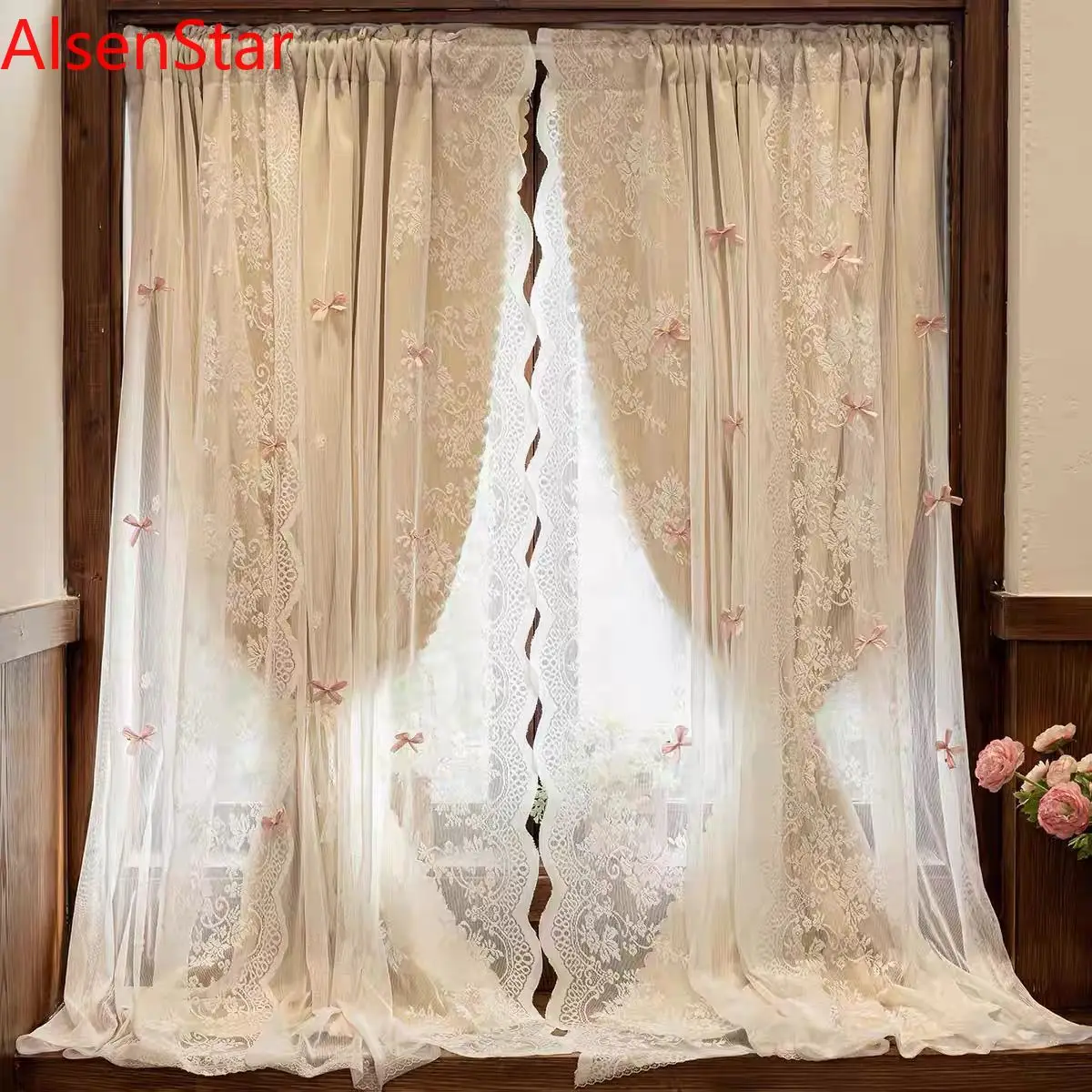 French Beige Pastoral Lace Curtain Princess Style Shading Dream Bow Girl Bedroom Window Double Gauze Curtains Home Decoration