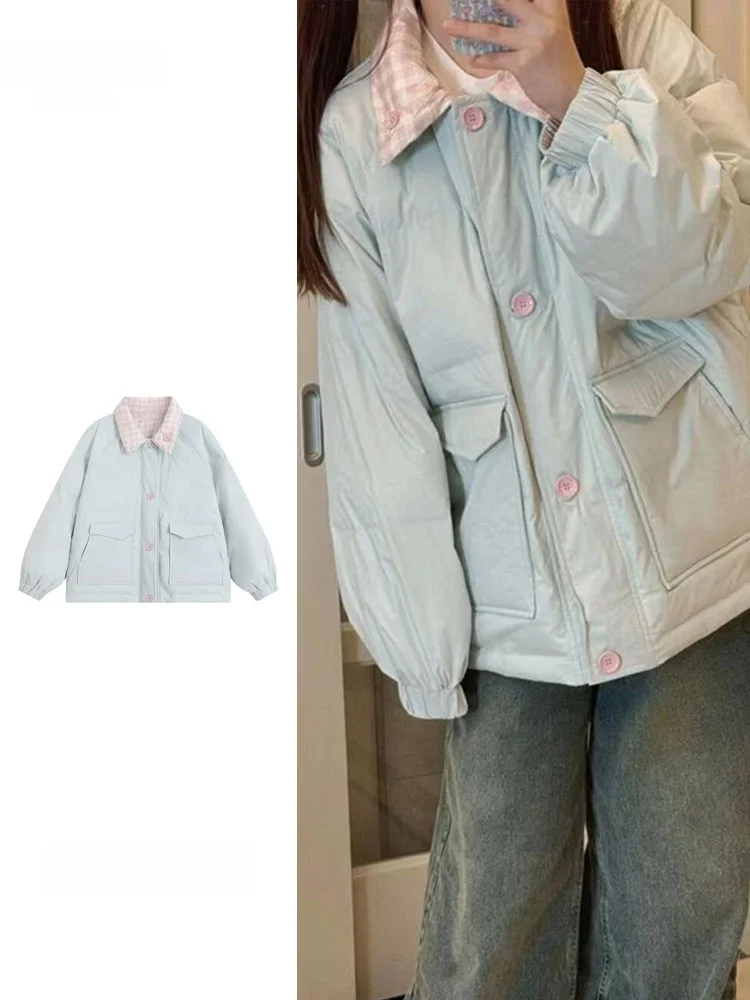 

Women's Large Size Double-Sided Wearable Stand Collar Cotton Jacket Dopamine Style Color Block Parka Coat Trendy Winter Design