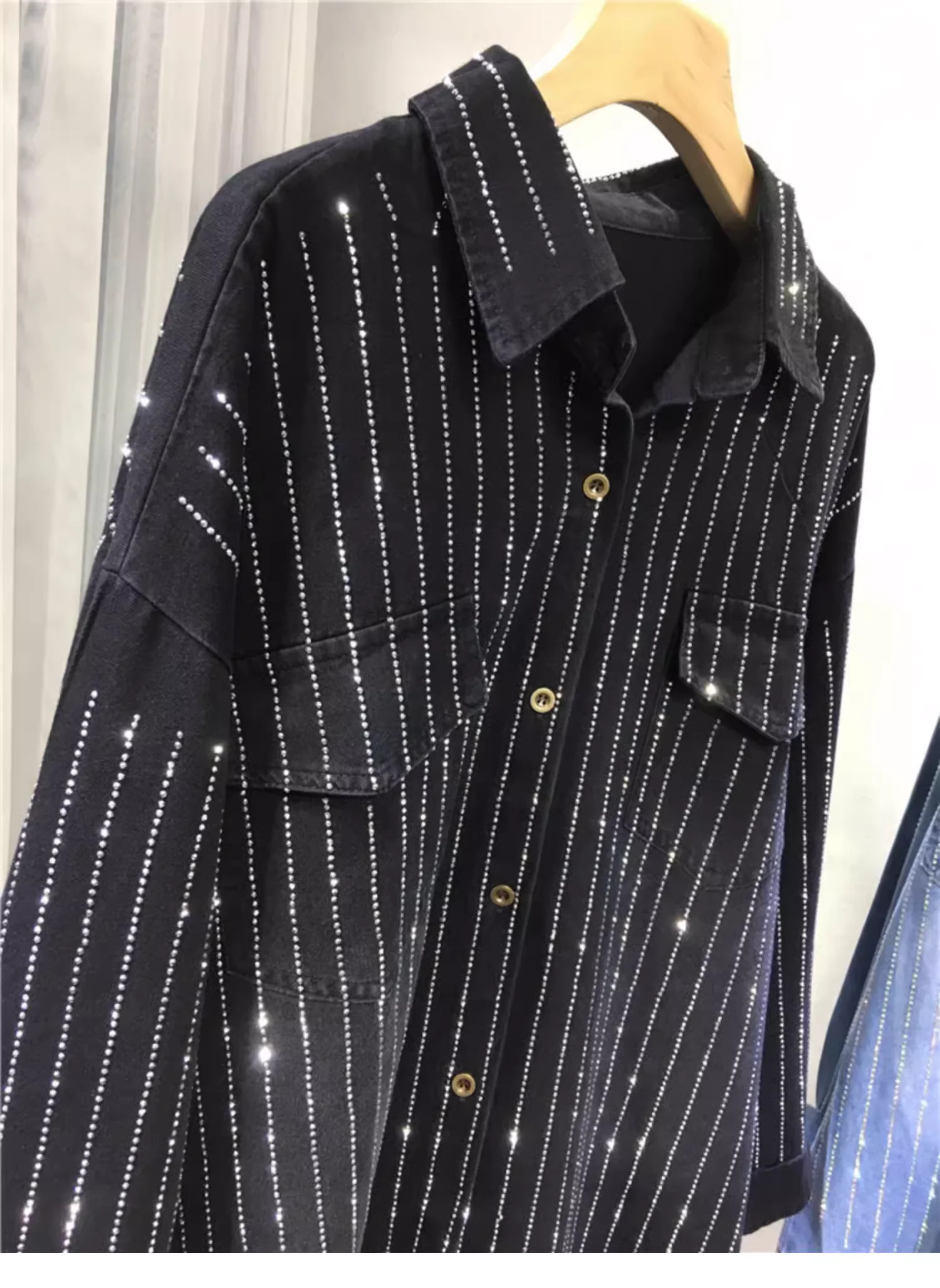 New In Autumn Trend Full Body Hot Drilling Diamonds Denim Shirts and Blouses Women\'s Loose Casual Denim Top Jacket Woman Clothes