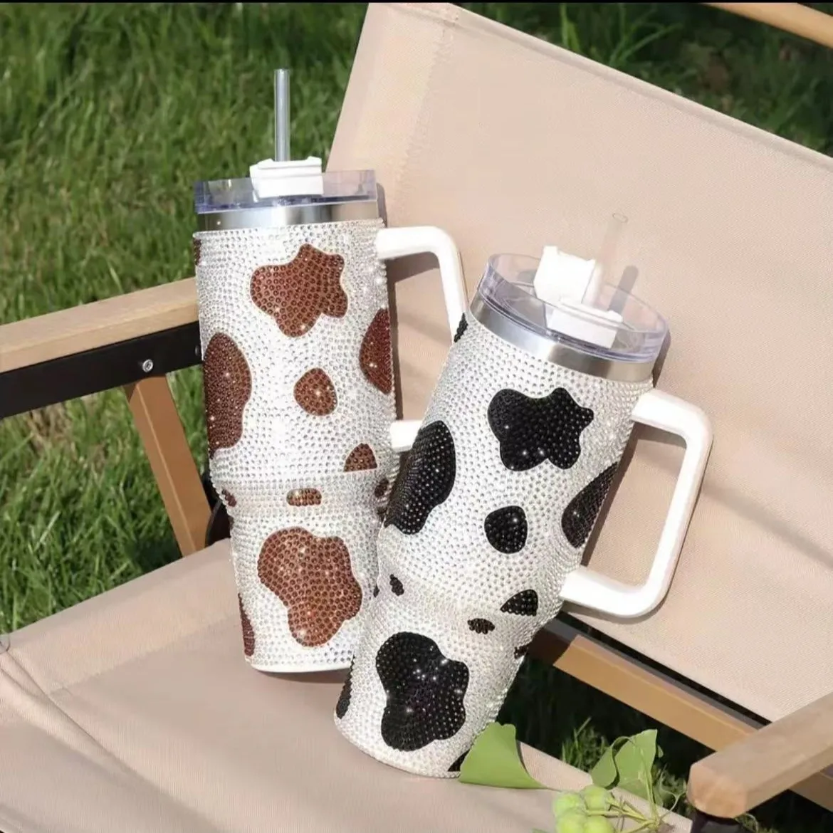 Cow Print Studded Tumbler With Lid, 40oz Stainless Steel Insulated Water Bottle With Handle, Shiny Sparkling Portable Drinking