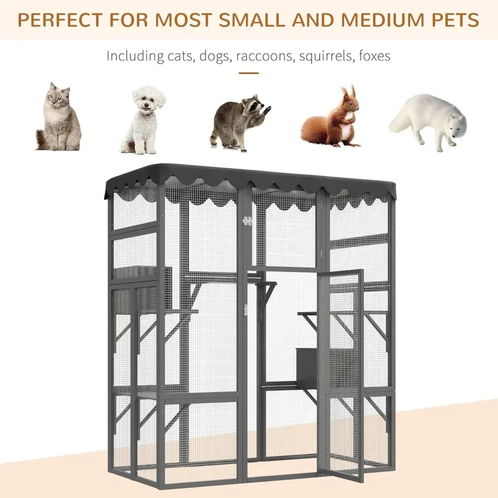 Outdoor Cat House Big Catio Wooden Cats Shelter Enclosure with Large Spacious Interior,High Ledges,Weather Protection Asphalt