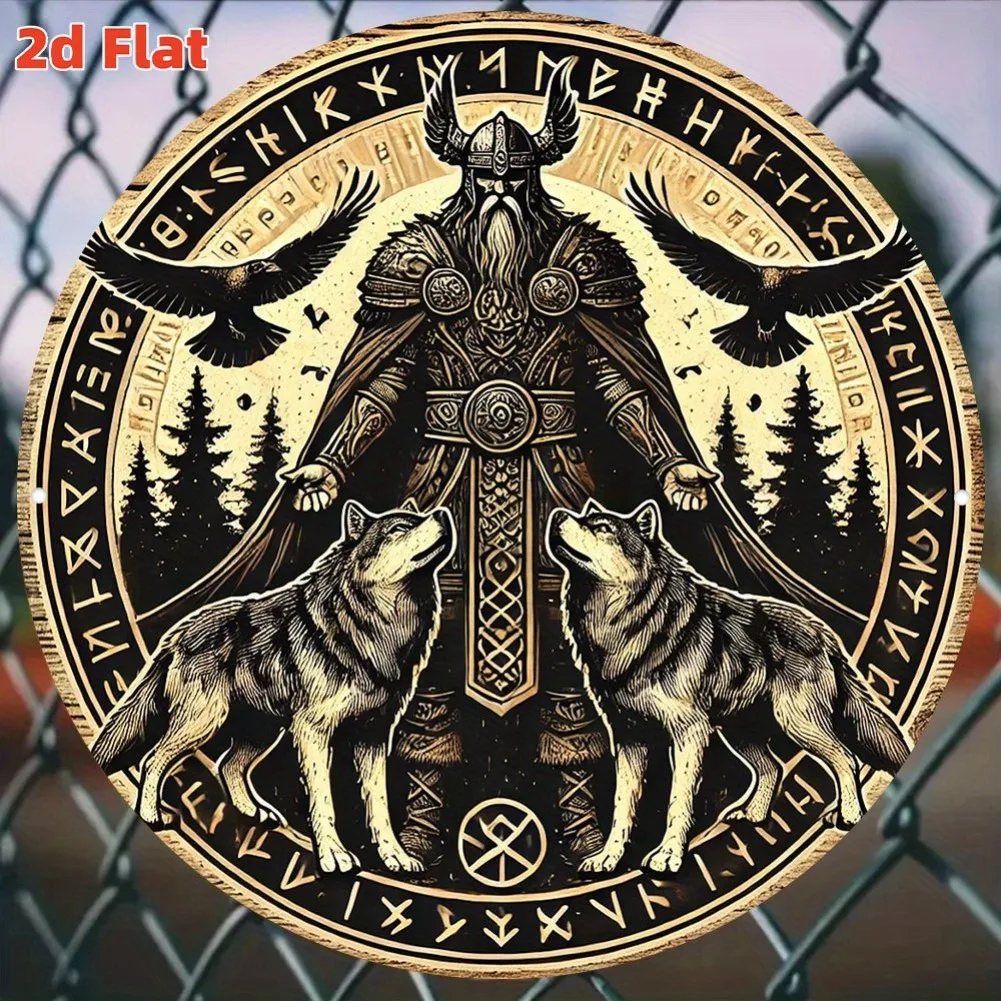 Vintage nordische Mythologie Odin Wanddekoration – 7,79" 2D flaches Aluminiumschild, HD-Druck mit Wölfen, symbolische Kunst für Barcafé