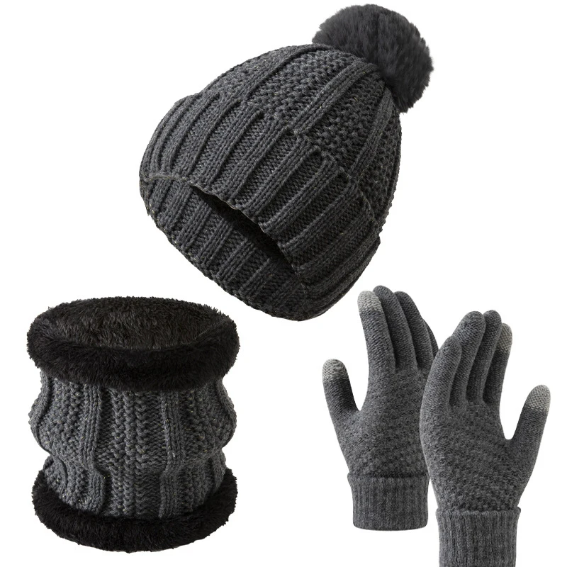 Ensemble de bonnets d'hiver pour garçons et filles, grosse boule de cheveux, gants chauds, écharpe, 3 pièces